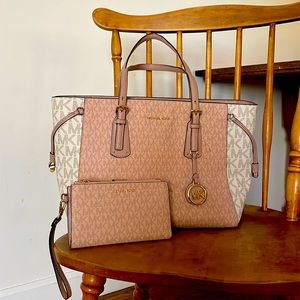 Pink and white Michael Kors bag and matching wallet